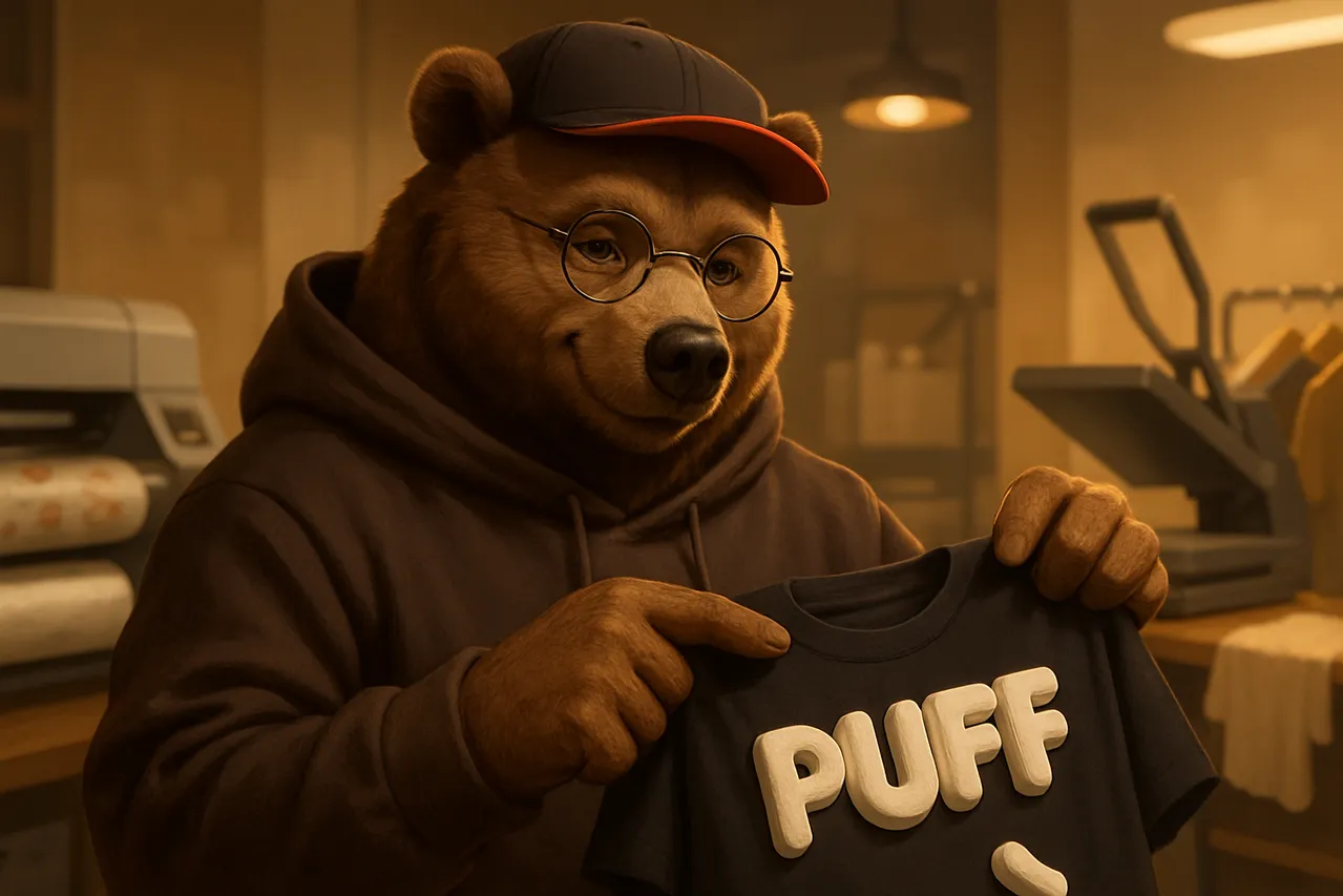 Печатыч показывает объёмный puff-принт с рельефными буквами на футболке